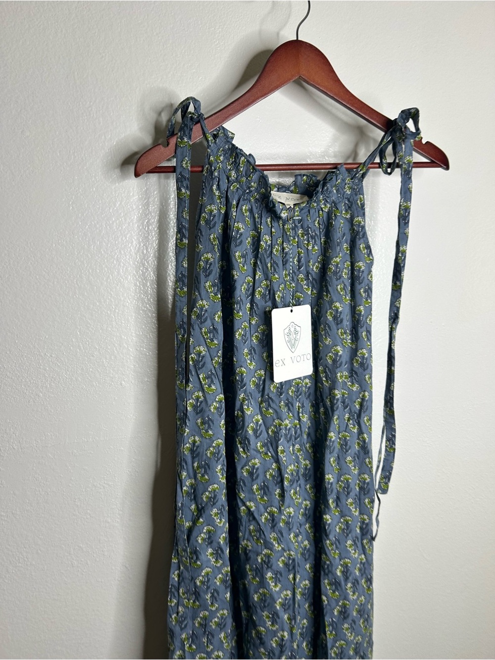 NWT Ex - Voto 100% Cotton Blue Block Print Bohemian Iris Sundress Maxi Flowy